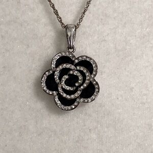 Chanel Style Black Enamel Camilla Crystal Rhinestones Accents Flower Necklace